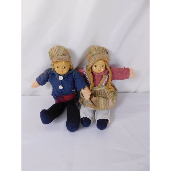 SALE Vintage Handmade Cloth Dolls Pair Boy Girl Folk Costume Braids Buttons 1970 - Picture 1 of 7